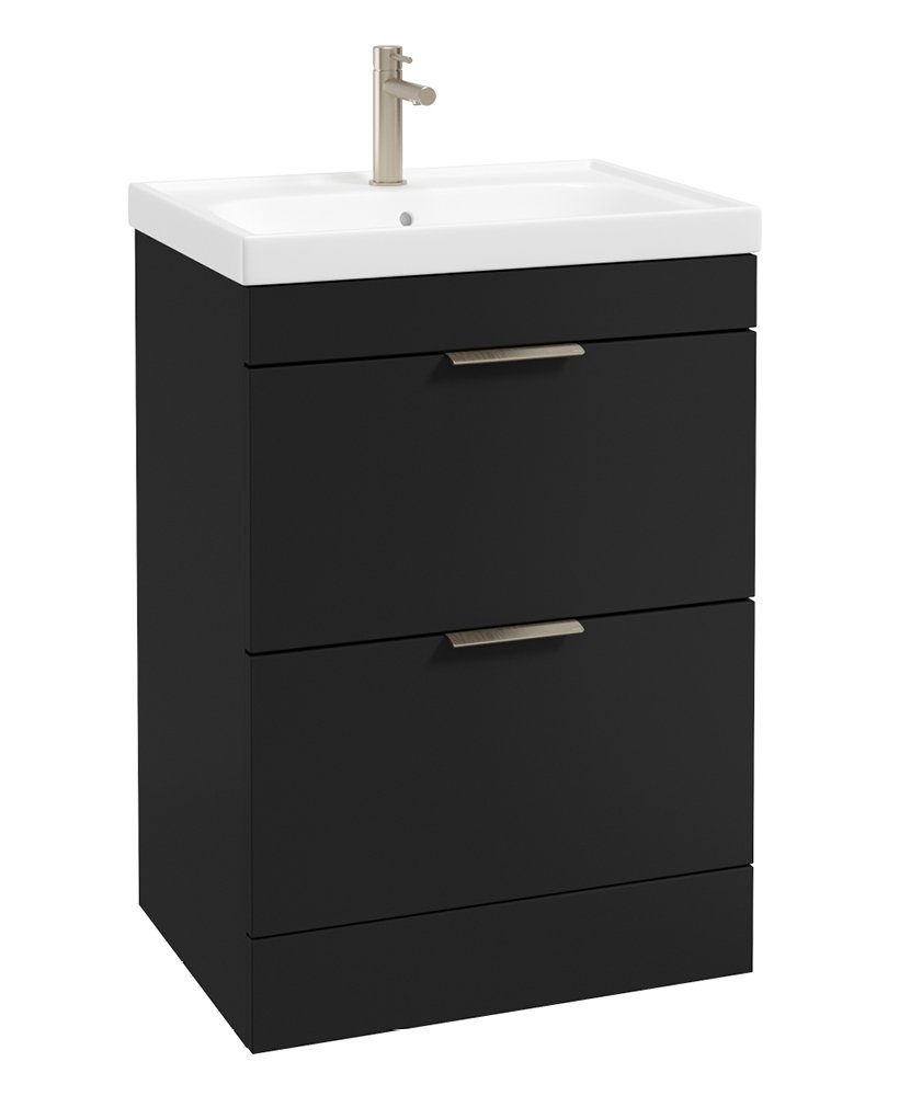 STOCKHOLM FLOORSTANDING 60CM TWO DRAWER VANITY UNIT MATT BLACK - BRUSHED NICKEL HANDLE