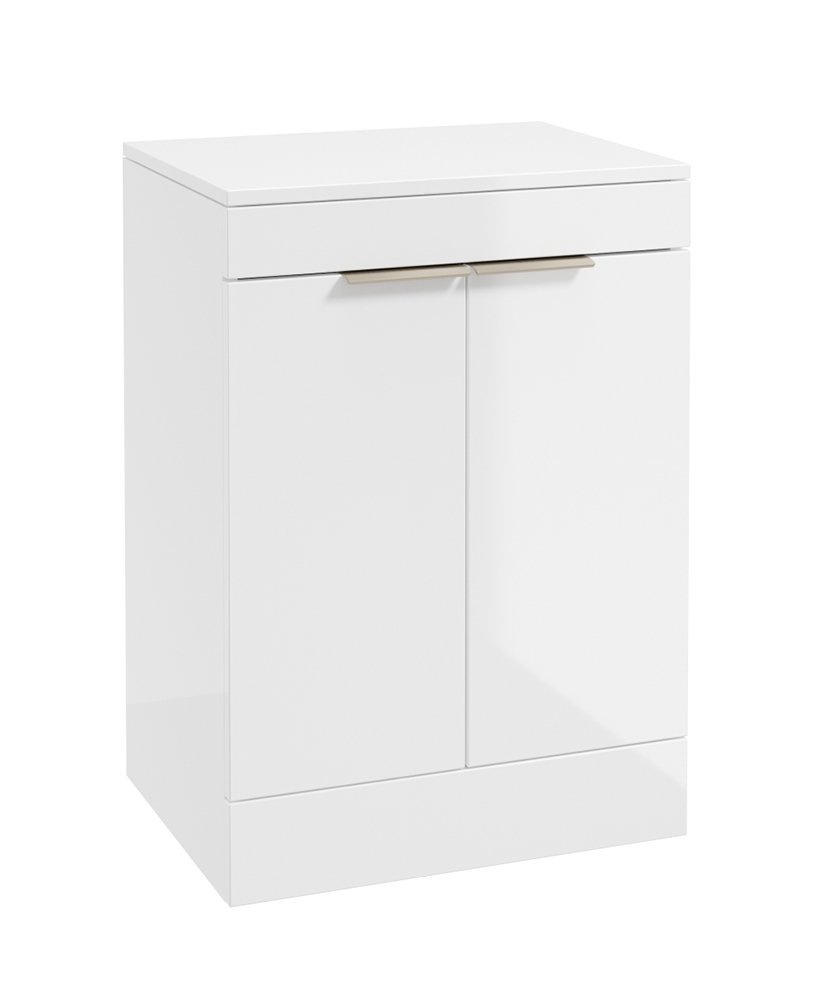 STOCKHOLM FLOORSTANDING 60CM TWO DOOR COUNTERTOP VANITY UNIT GLOSS WHITE - BRUSHED NICKEL HANDLE